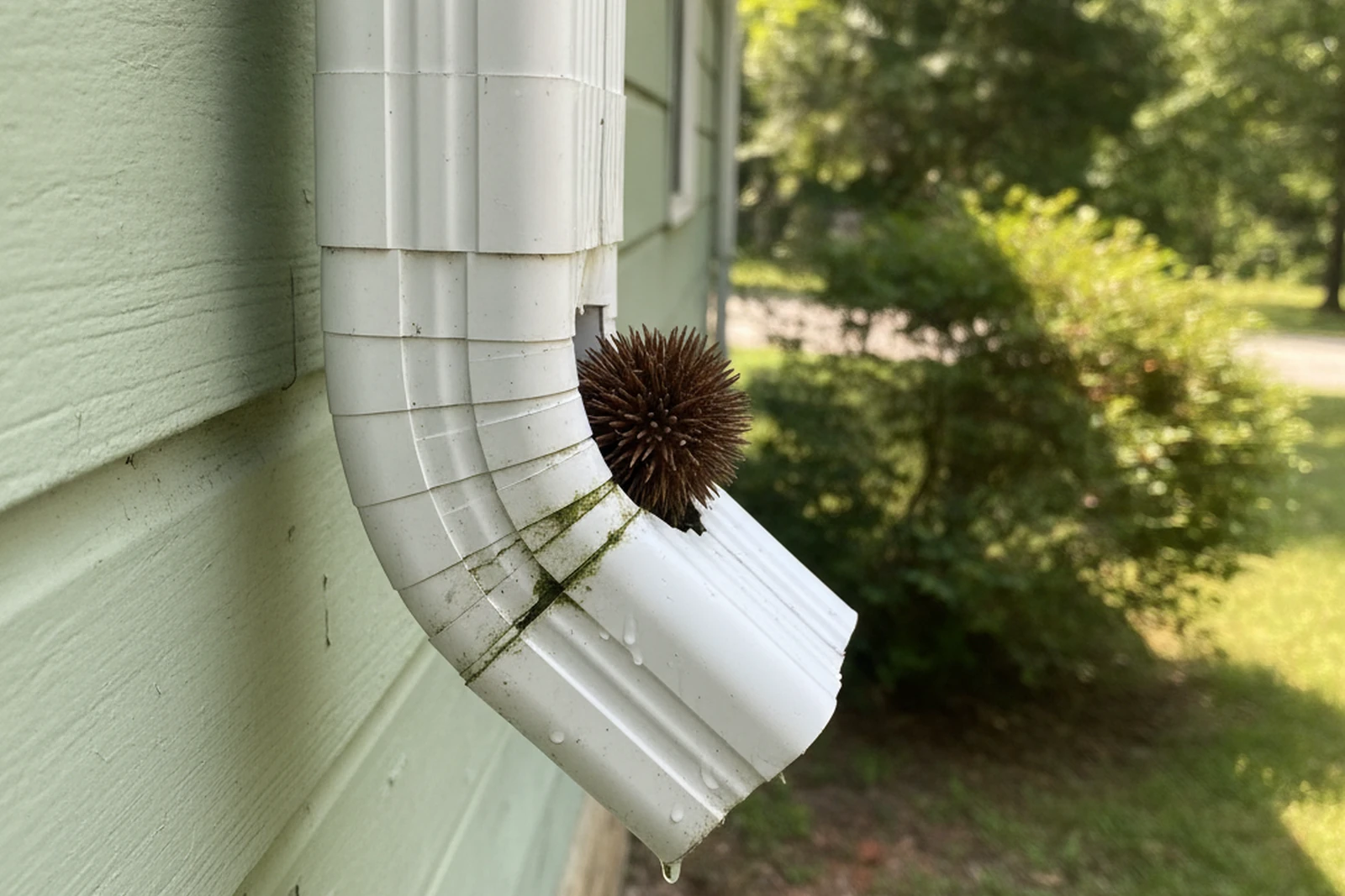 Downspout flushing sweetgum pod clog Pine Bluff Arkansas Jefferson County elbow blockage James