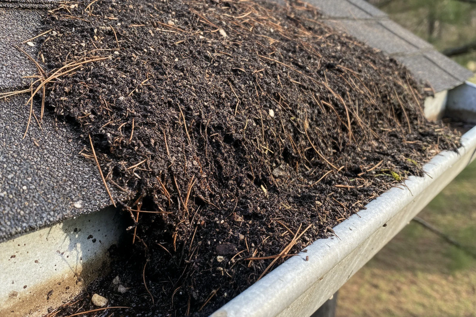 Star City Arkansas gutter packed with pine needles oak leaves and sweetgum pods before route fit cleanout