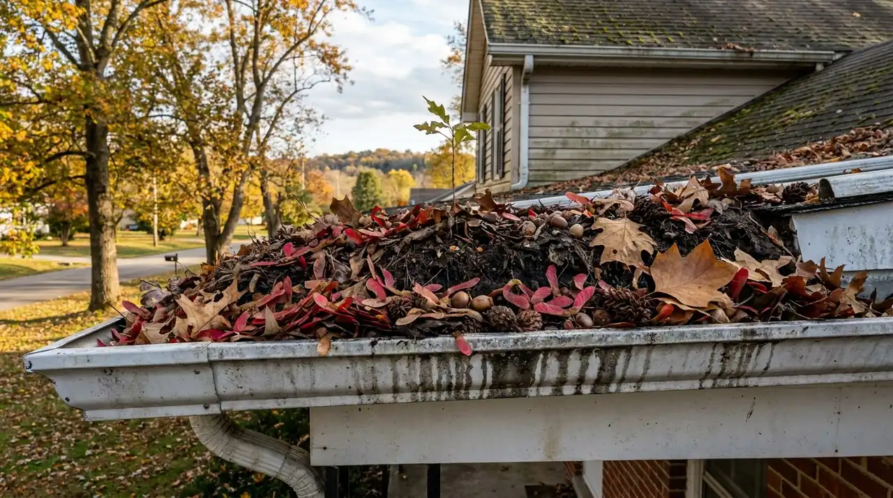 Sweetgum seed pods packed in gutter Pine Bluff Arkansas Jefferson County downspout clog debris overflow